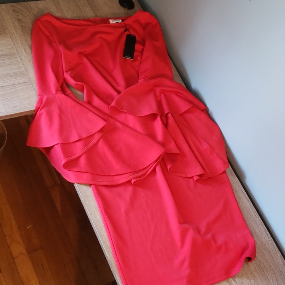 Red Midi Dress with Flared Sleeves